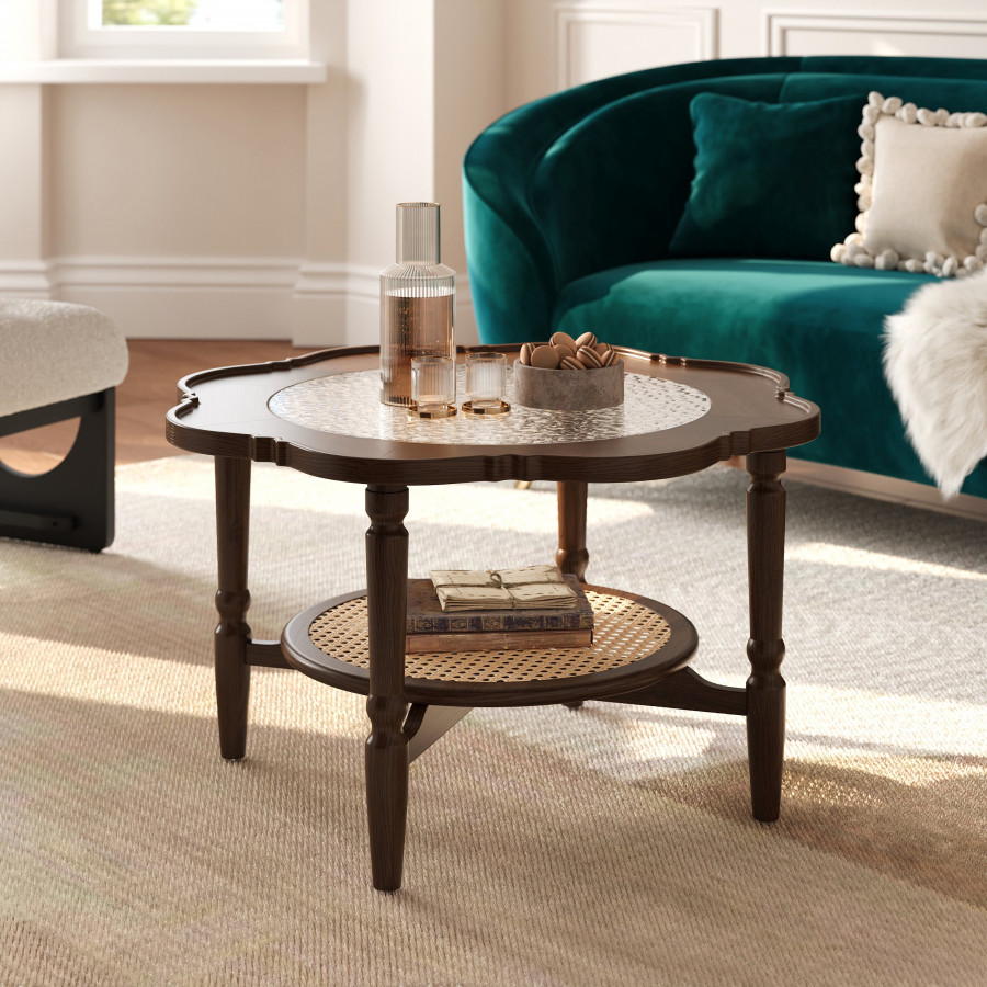 HMR - 31.5" Walnut Glass Top Wood Rattan 2-Tiered Coffee Table
