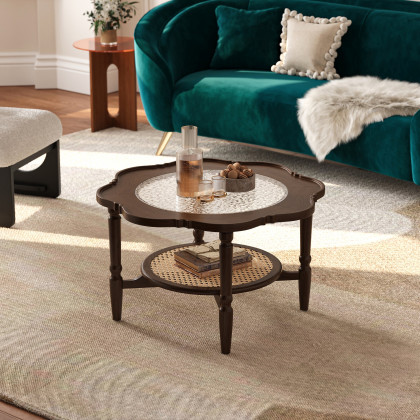 HMR - 31.5" Walnut Glass Top Wood Rattan 2-Tiered Coffee Table