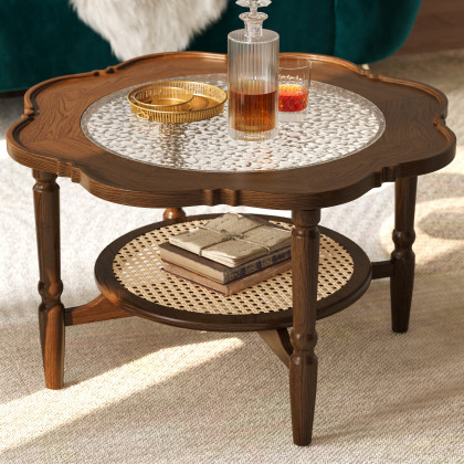 HMR - 31.5" Walnut Glass Top Wood Rattan 2-Tiered Coffee Table