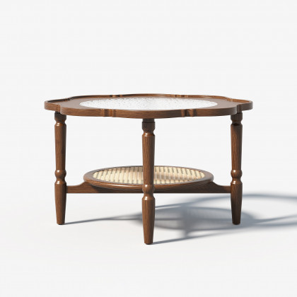 HMR - 31.5" Walnut Glass Top Wood Rattan 2-Tiered Coffee Table