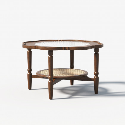 HMR - 31.5" Walnut Glass Top Wood Rattan 2-Tiered Coffee Table