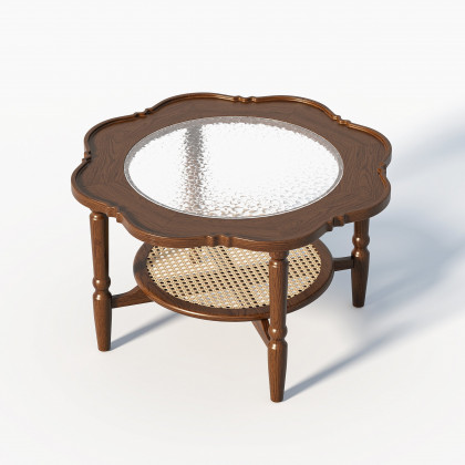HMR - 31.5" Walnut Glass Top Wood Rattan 2-Tiered Coffee Table