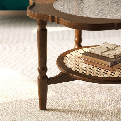 HMR - 31.5" Walnut Glass Top Wood Rattan 2-Tiered Coffee Table