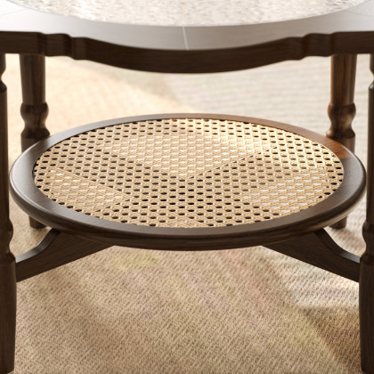 HMR - 31.5" Walnut Glass Top Wood Rattan 2-Tiered Coffee Table