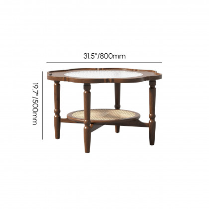 HMR - 31.5" Walnut Glass Top Wood Rattan 2-Tiered Coffee Table