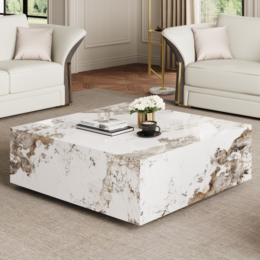 HMR - 39" Square Sintered Stone Block Coffee Table With Storage