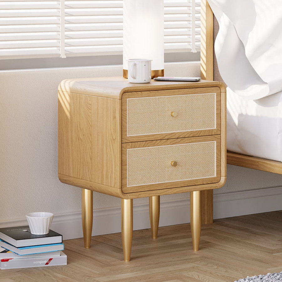 HMR - Tural Mid Century Modern Nightstand Ash Wood & Rattan Natural 2 Drawer Bedside Table