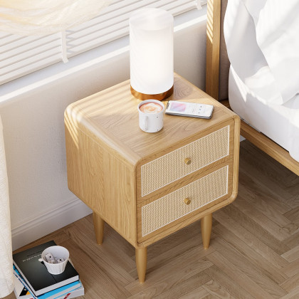 HMR - Tural Mid Century Modern Nightstand Ash Wood & Rattan Natural 2 Drawer Bedside Table