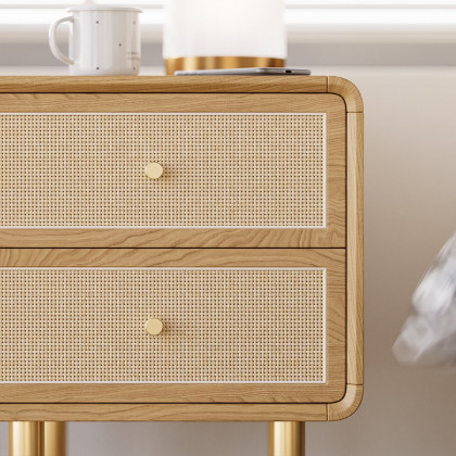 HMR - Tural Mid Century Modern Nightstand Ash Wood & Rattan Natural 2 Drawer Bedside Table