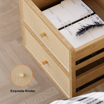 HMR - Tural Mid Century Modern Nightstand Ash Wood & Rattan Natural 2 Drawer Bedside Table