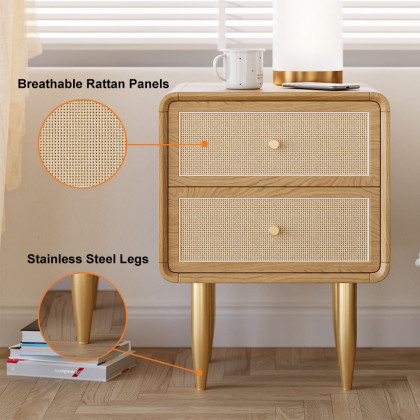 HMR - Tural Mid Century Modern Nightstand Ash Wood & Rattan Natural 2 Drawer Bedside Table