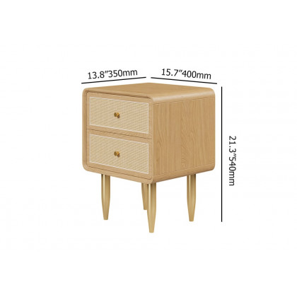 HMR - Tural Mid Century Modern Nightstand Ash Wood & Rattan Natural 2 Drawer Bedside Table