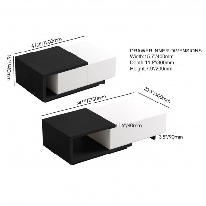 HMR Quoint Extendable Coffee Table with 2 Drawers (47"-69") - White & Black