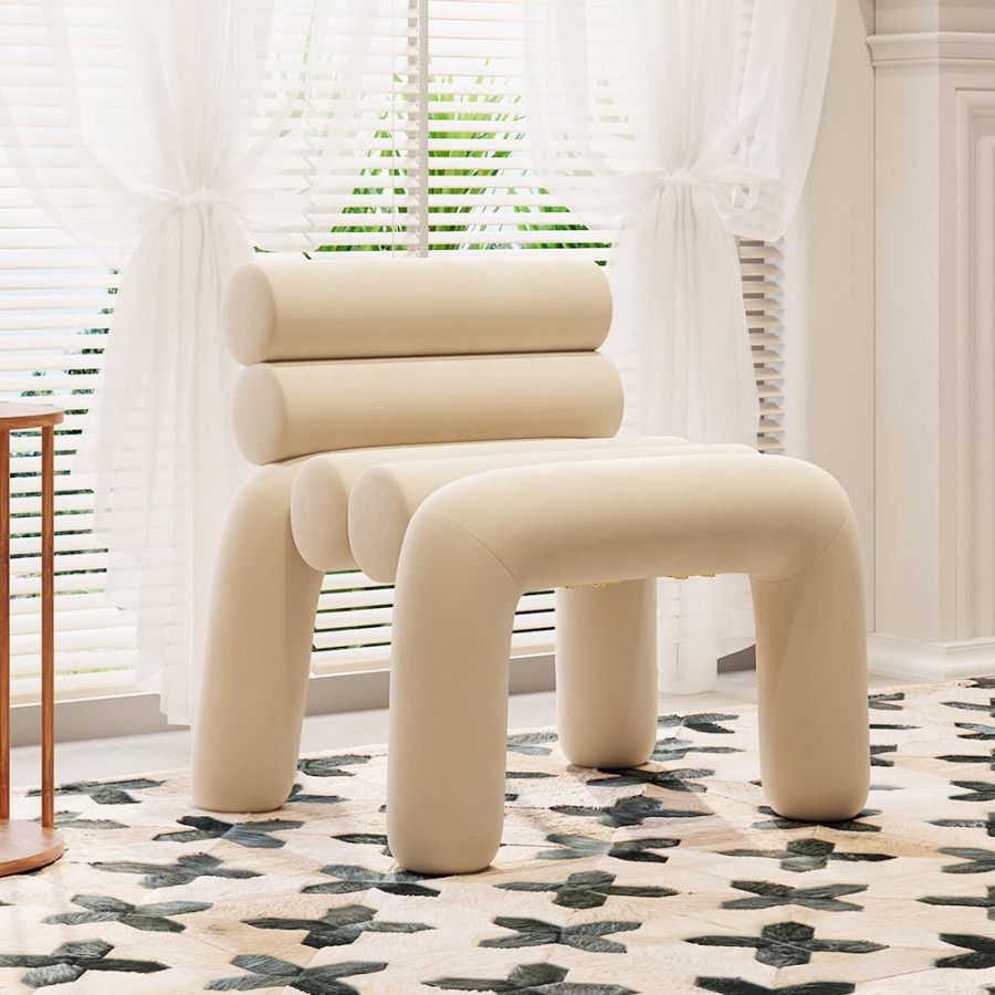 HMR Modern Velvet Accent Chair Upholstery Horizontal Channeled for Living Room - Beige