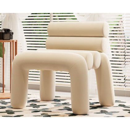 HMR Modern Velvet Accent Chair Upholstery Horizontal Channeled for Living Room - Beige
