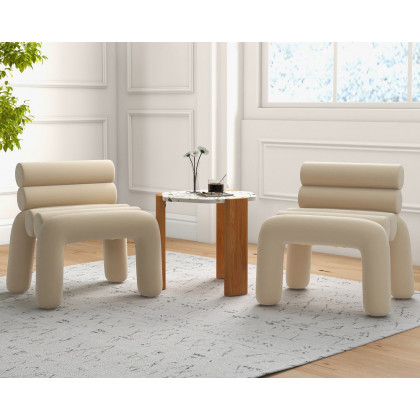 HMR Modern Velvet Accent Chair Upholstery Horizontal Channeled for Living Room - Beige