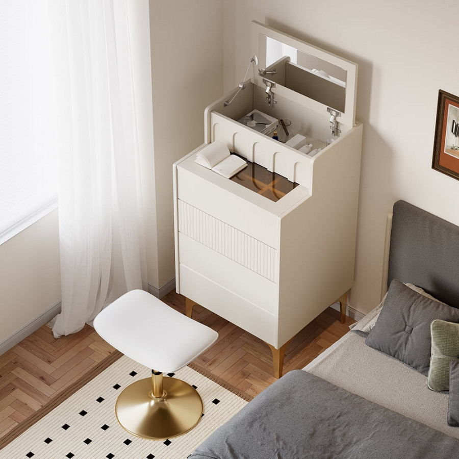 HMR - Modern Mini White Makeup Vanity Set Dressing Table with Mirror & Stool