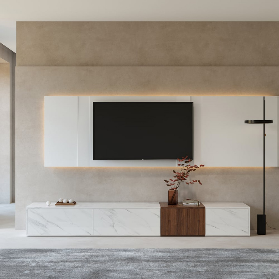 HMR - Vewal 78.9" Modern Wood Block TV Stand Marble & Walnut Veneer in White with 4 Drawers