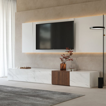 HMR - Vewal 78.9" Modern Wood Block TV Stand Marble & Walnut Veneer in White with 4 Drawers