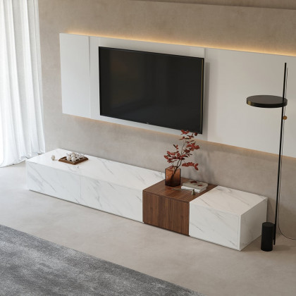HMR - Vewal 78.9" Modern Wood Block TV Stand Marble & Walnut Veneer in White with 4 Drawers