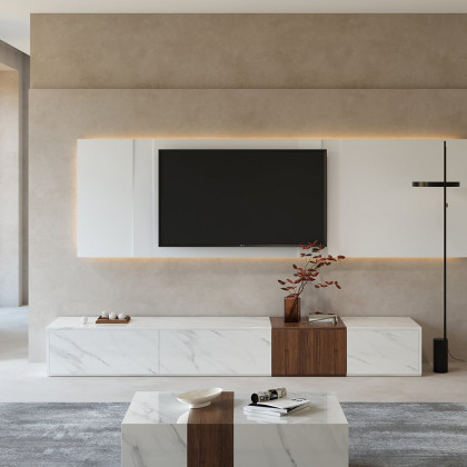 HMR - Vewal 78.9" Modern Wood Block TV Stand Marble & Walnut Veneer in White with 4 Drawers