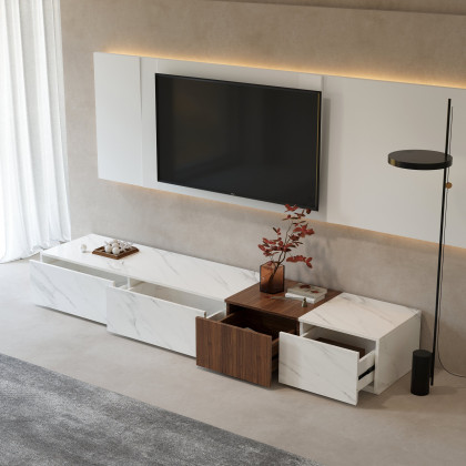 HMR - Vewal 78.9" Modern Wood Block TV Stand Marble & Walnut Veneer in White with 4 Drawers