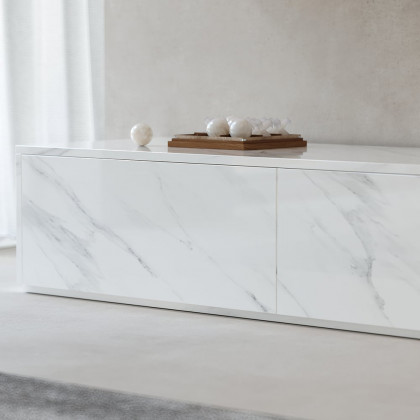 HMR - Vewal 78.9" Modern Wood Block TV Stand Marble & Walnut Veneer in White with 4 Drawers
