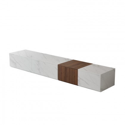 HMR - Vewal 78.9" Modern Wood Block TV Stand Marble & Walnut Veneer in White with 4 Drawers