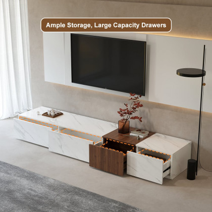 HMR - Vewal 78.9" Modern Wood Block TV Stand Marble & Walnut Veneer in White with 4 Drawers
