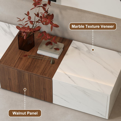 HMR - Vewal 78.9" Modern Wood Block TV Stand Marble & Walnut Veneer in White with 4 Drawers