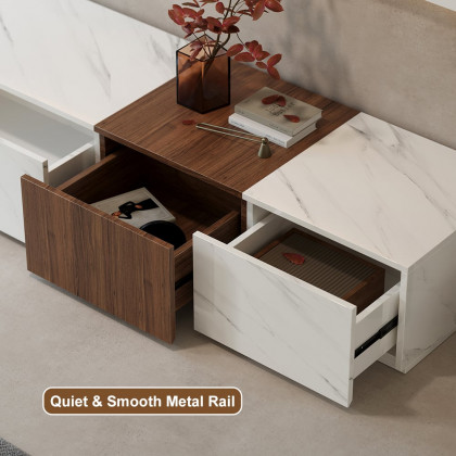 HMR - Vewal 78.9" Modern Wood Block TV Stand Marble & Walnut Veneer in White with 4 Drawers