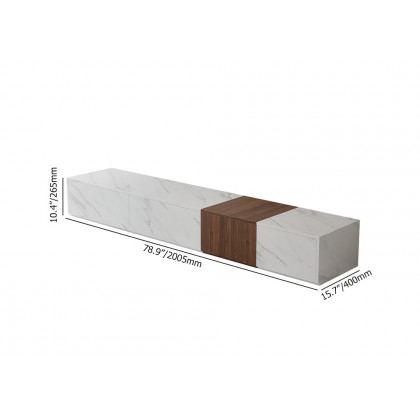 HMR - Vewal 78.9" Modern Wood Block TV Stand Marble & Walnut Veneer in White with 4 Drawers