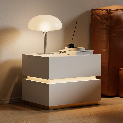 HMR Nightstand with Light & Charging Station - White, 2 Drawers, Set Of 2