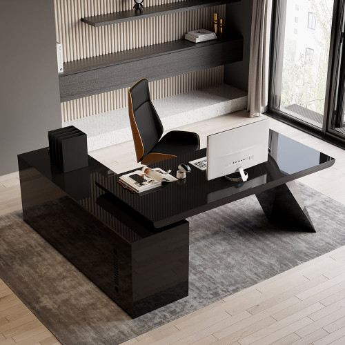 HMR Modern Large L-Shape Executive Desk with Drawers & Cabinet - Black, Right Hand, 70.9"