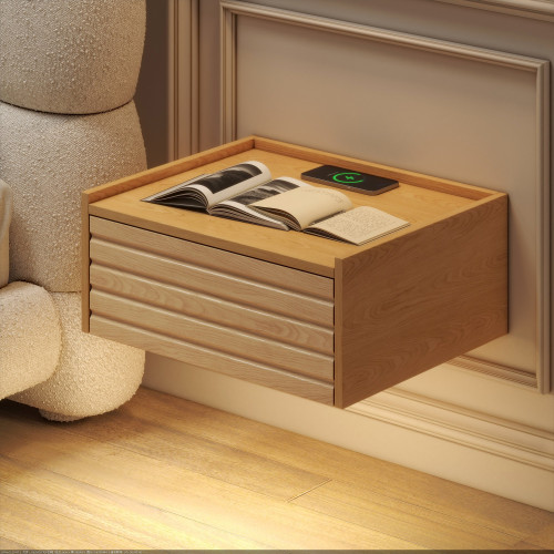 HMR Floating Wooden Nightstand with Light & Charging Station - Natural, Set Of 2