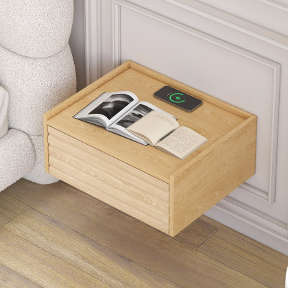 HMR Floating Wooden Nightstand with Light & Charging Station - Natural, Set Of 2