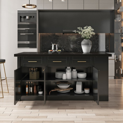 HMR 72" Modern Style Laminate Kitchen Islands with Multi-Storage - Black, Engineered Wood