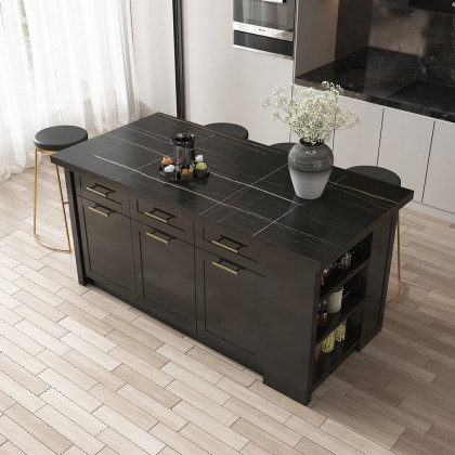 HMR 72" Modern Style Laminate Kitchen Islands with Multi-Storage - Black, Engineered Wood