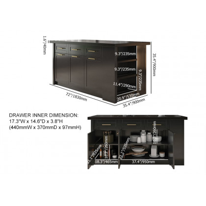 HMR 72" Modern Style Laminate Kitchen Islands with Multi-Storage - Black, Engineered Wood