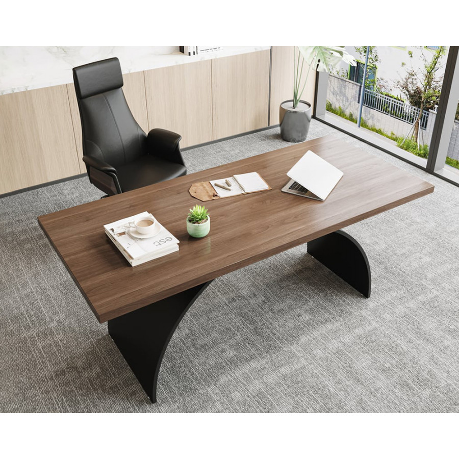 HMR Modern Rectangular Writing Desk & Office Desk Chair Set High Back - Walnut, 70.9"L x 31.5"W x 29.5"H