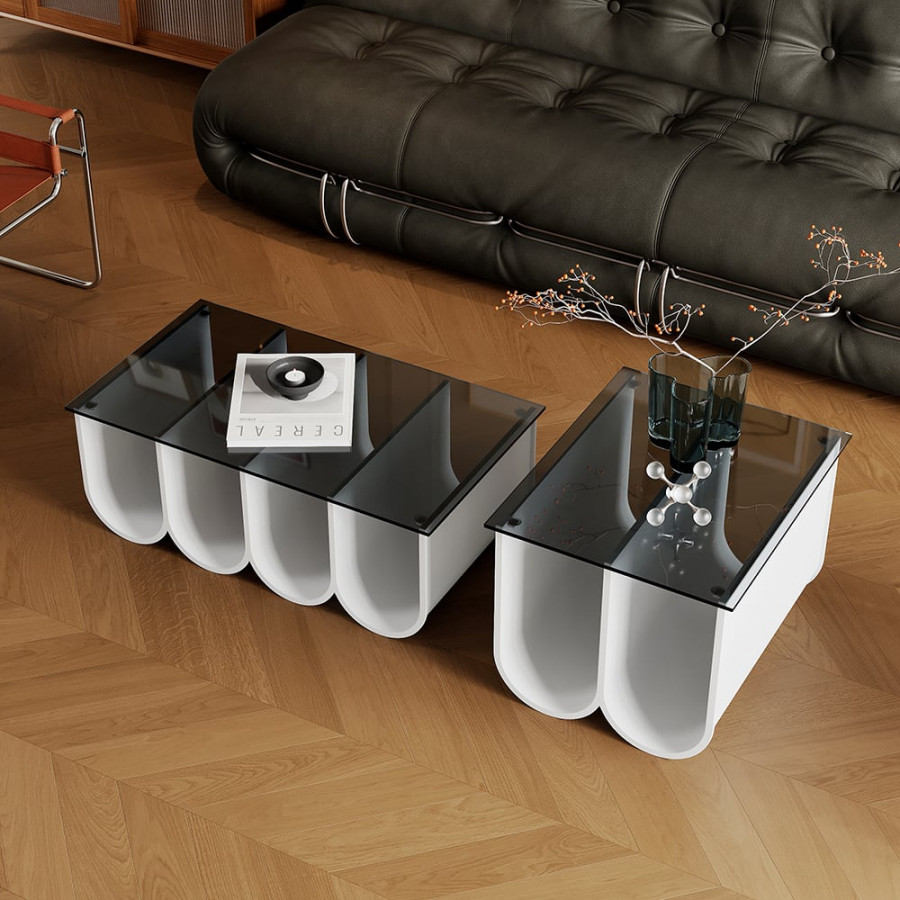 HMR - 2-Piece Square Coffee Table Set with Black Clear Glass Tabletop & White Metal Arch Base