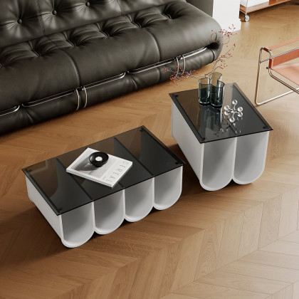 HMR - 2-Piece Square Coffee Table Set with Black Clear Glass Tabletop & White Metal Arch Base