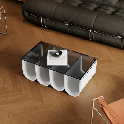 HMR - 2-Piece Square Coffee Table Set with Black Clear Glass Tabletop & White Metal Arch Base
