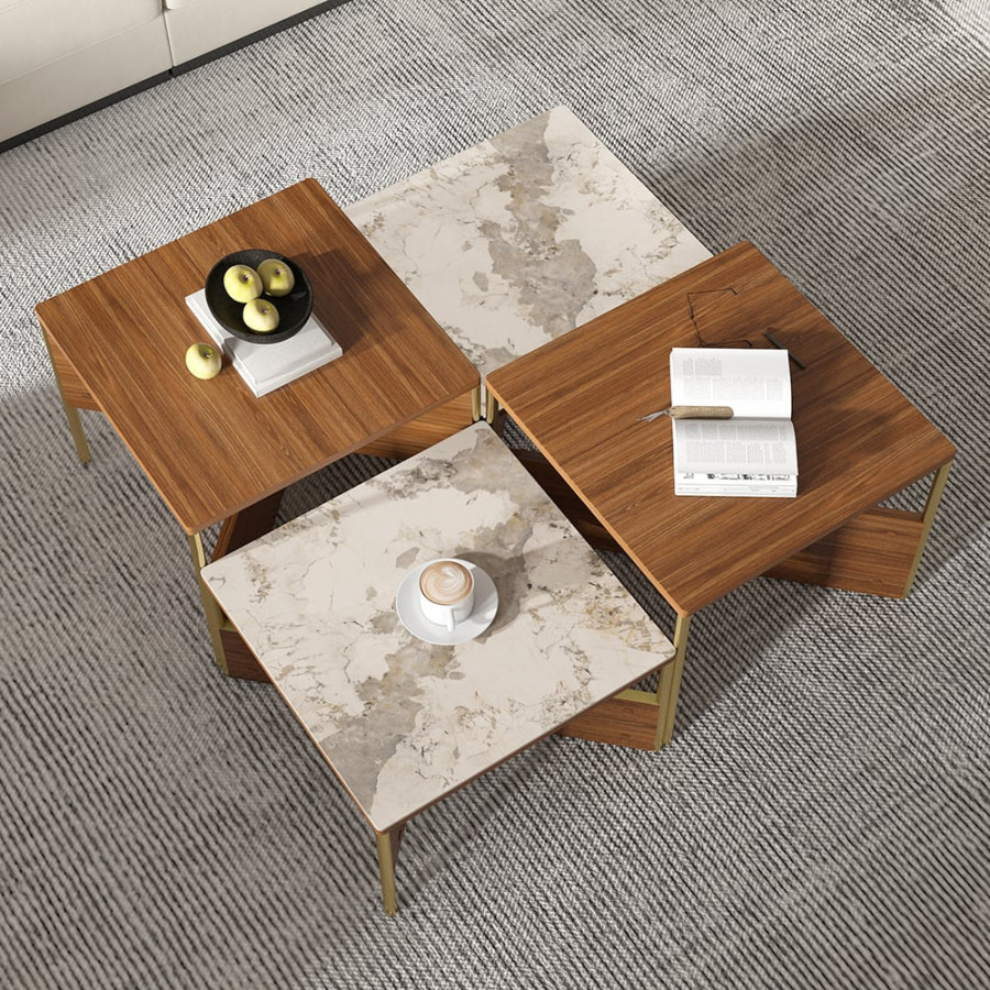 HMR - 39.4" Square Modern Sintered Stone Coffee Table Walnut Veneer Coffee Table in Gold Frame