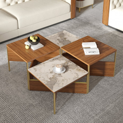 HMR - 39.4" Square Modern Sintered Stone Coffee Table Walnut Veneer Coffee Table in Gold Frame