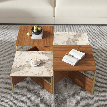 HMR - 39.4" Square Modern Sintered Stone Coffee Table Walnut Veneer Coffee Table in Gold Frame