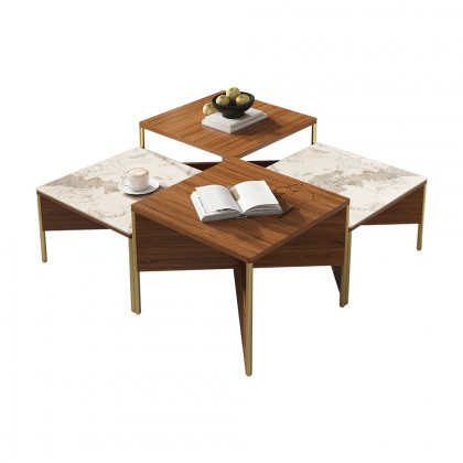 HMR - 39.4" Square Modern Sintered Stone Coffee Table Walnut Veneer Coffee Table in Gold Frame