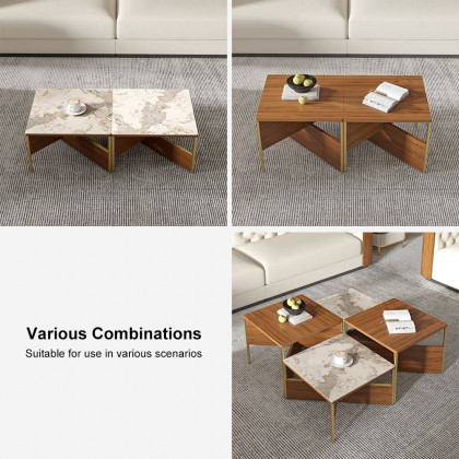 HMR - 39.4" Square Modern Sintered Stone Coffee Table Walnut Veneer Coffee Table in Gold Frame