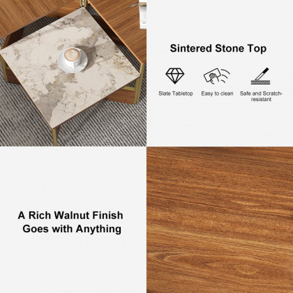 HMR - 39.4" Square Modern Sintered Stone Coffee Table Walnut Veneer Coffee Table in Gold Frame