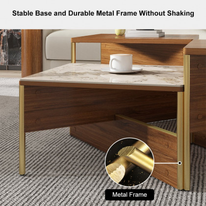 HMR - 39.4" Square Modern Sintered Stone Coffee Table Walnut Veneer Coffee Table in Gold Frame